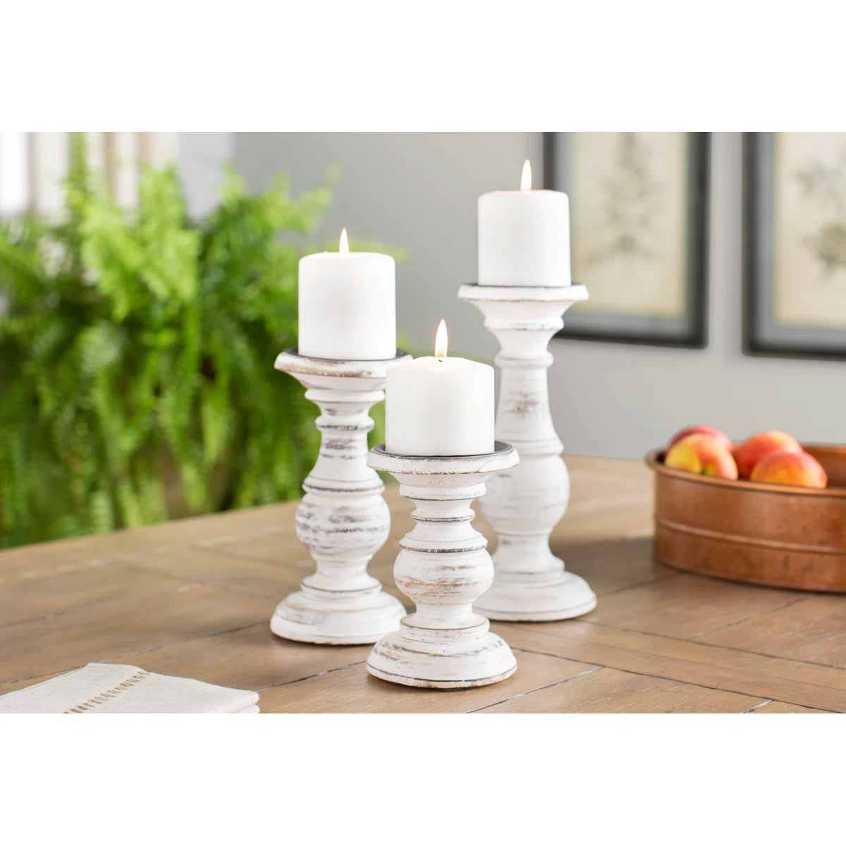 Cream Mango Wood Turned Style Pillar Decorative Candle Holder, Set of 3 10", 8", 6”H