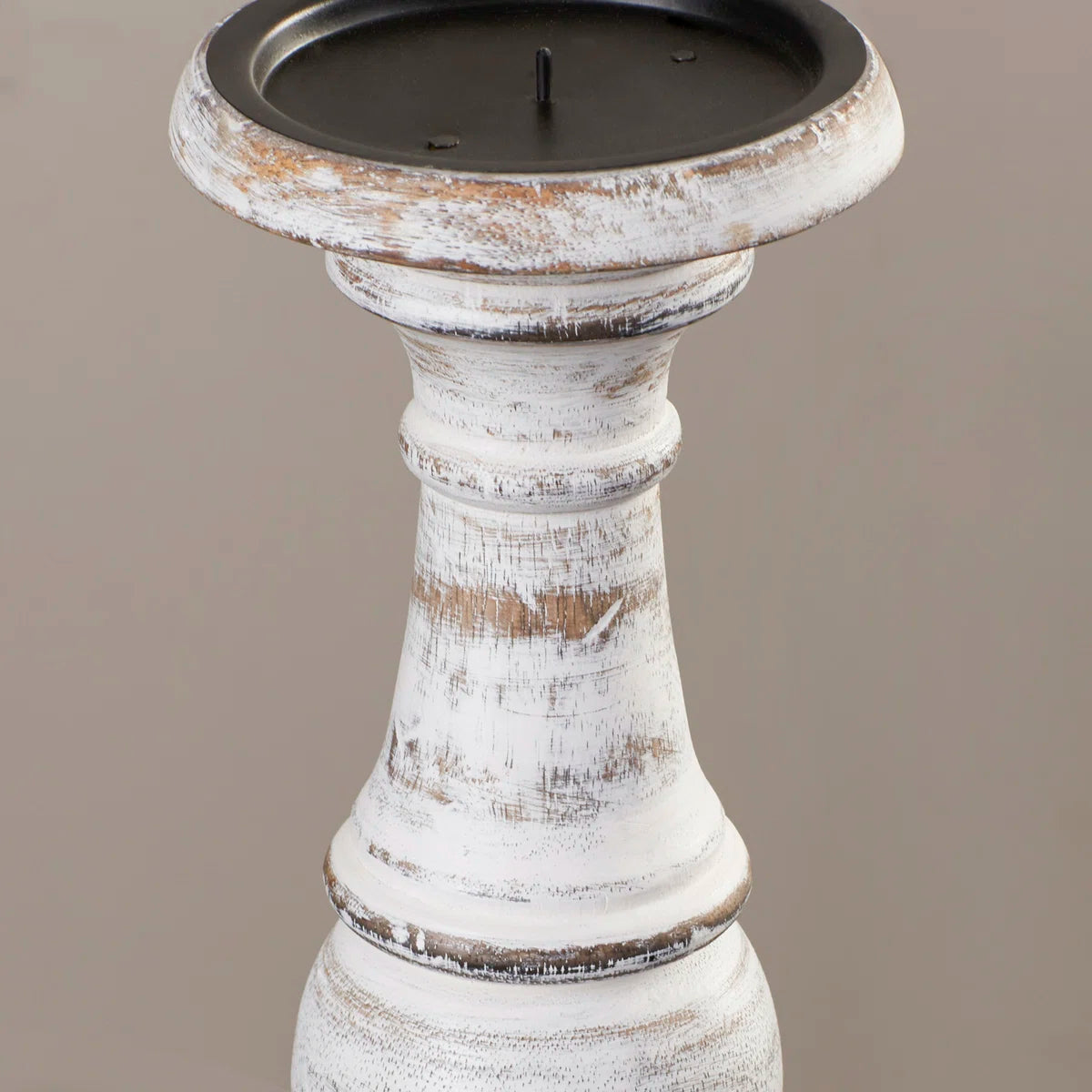 Cream Mango Wood Turned Style Pillar Decorative Candle Holder, Set of 3 10", 8", 6”H