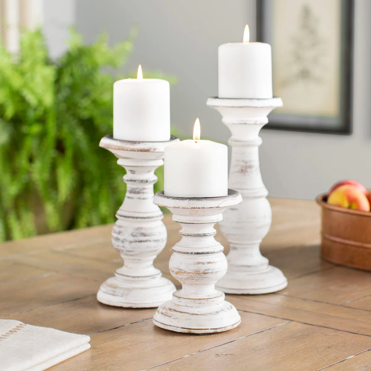Cream Mango Wood Turned Style Pillar Decorative Candle Holder, Set of 3 10", 8", 6”H